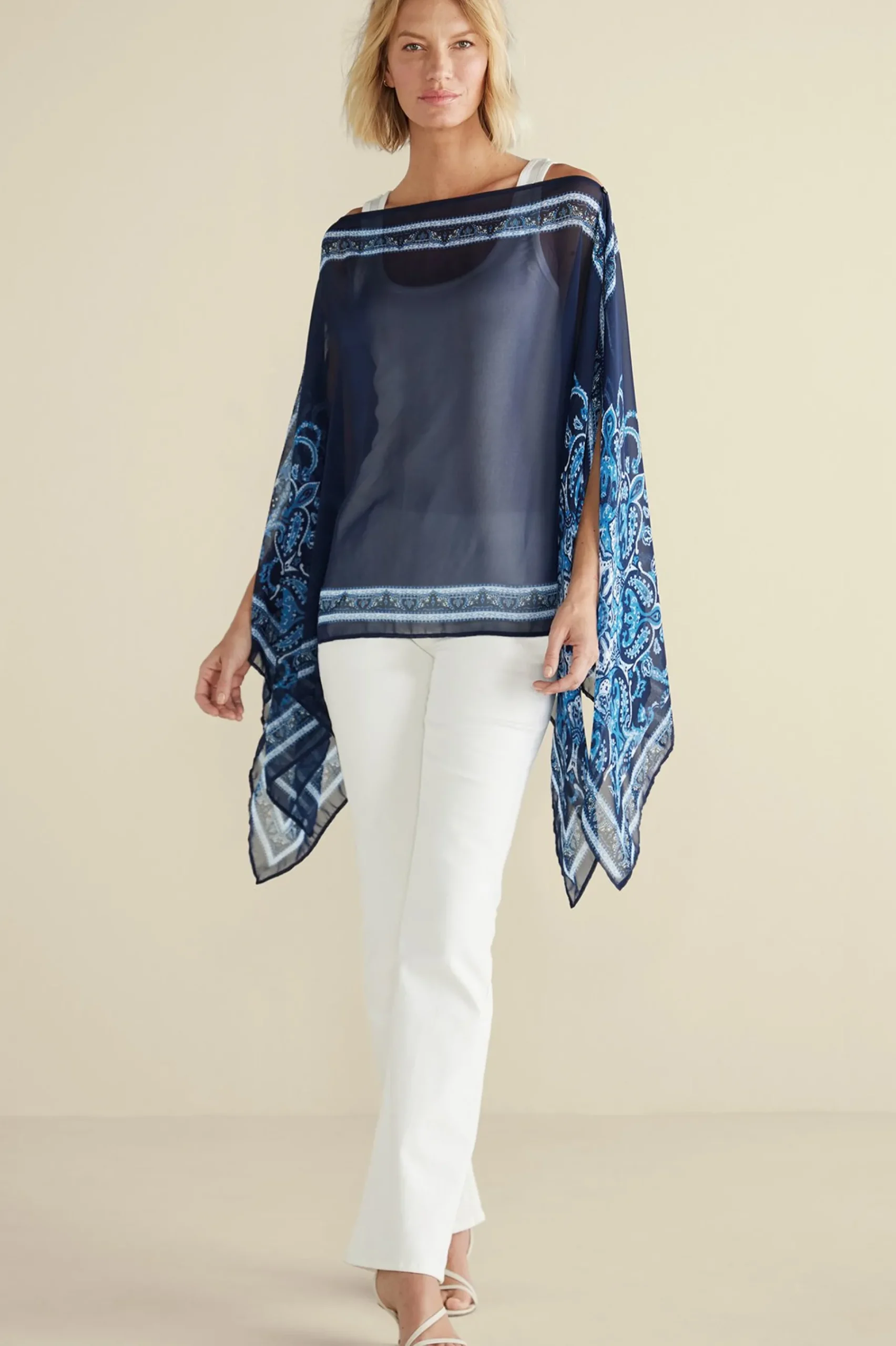 aleta_poncho_topper_1.webp Into The Blues | Vacation Shop-Soft Surroundings Aleta Poncho Topper Blue Multi