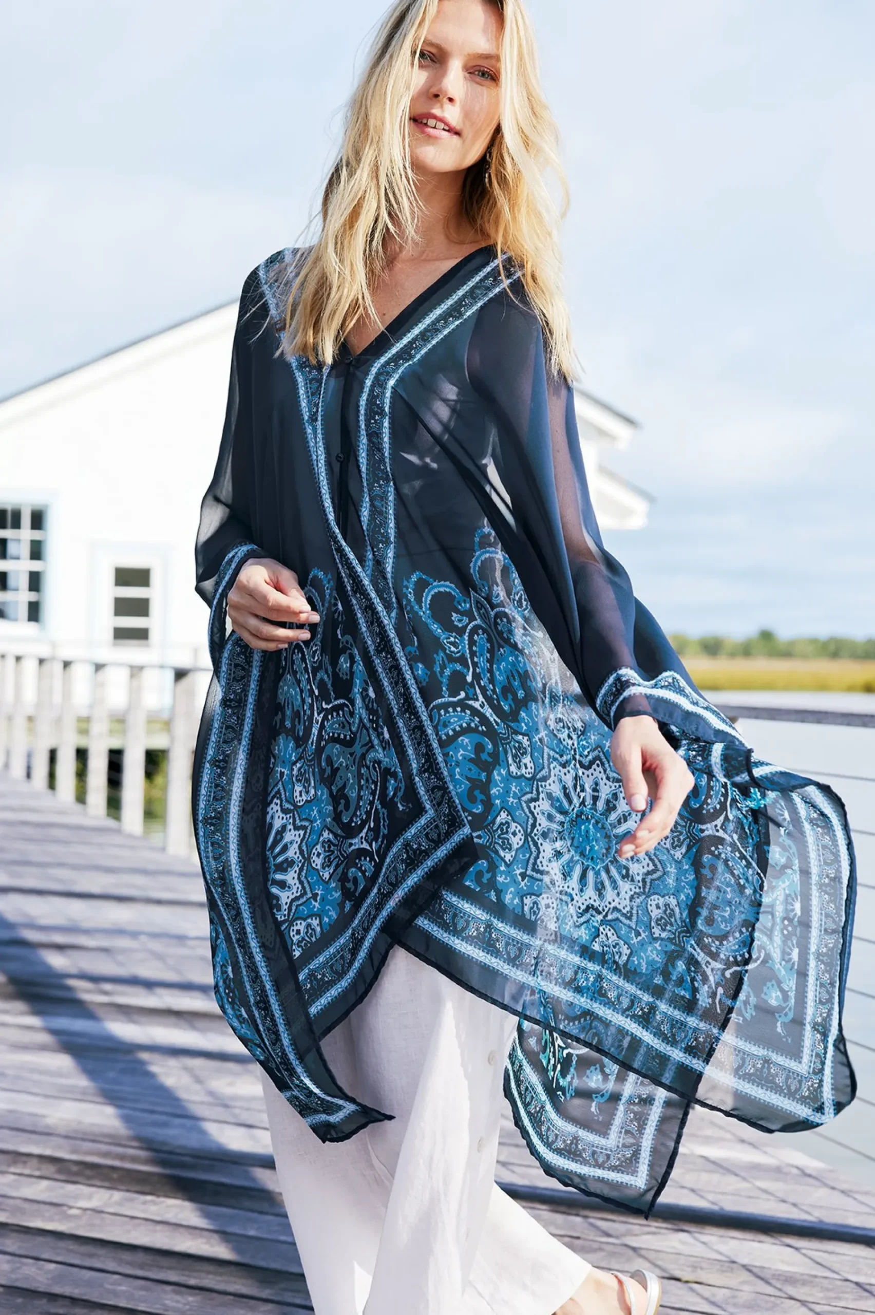 aleta_poncho_topper_3.webp Into The Blues | Vacation Shop-Soft Surroundings Aleta Poncho Topper Blue Multi