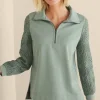 Feminine Flourish | Wear Now Styles-Soft Surroundings Crochet Sleeve French Terry Tunic Navy