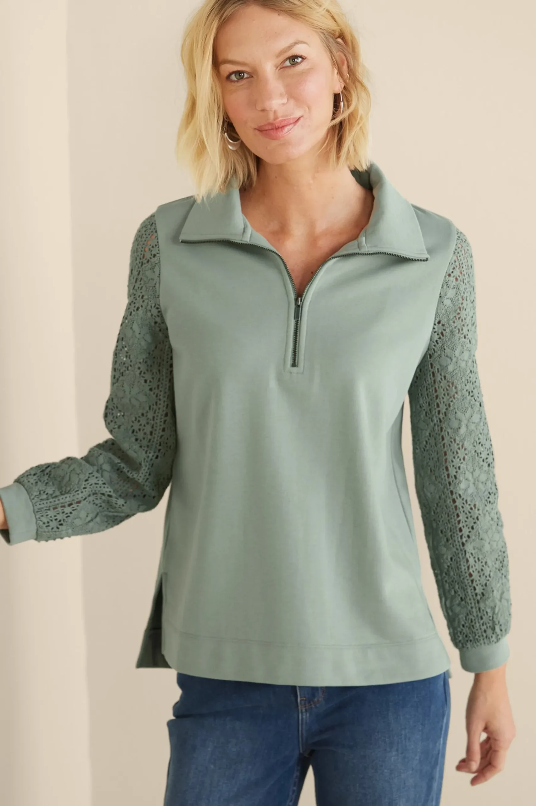 crochet_sleeve_french_ter_0.webp Feminine Flourish | Wear Now Styles-Soft Surroundings Crochet Sleeve French Terry Tunic Navy