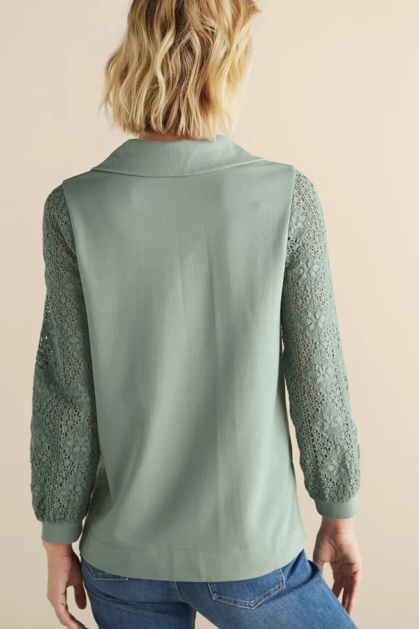 Feminine Flourish | Wear Now Styles-Soft Surroundings Crochet Sleeve French Terry Tunic Navy