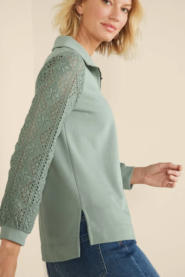 Feminine Flourish | Wear Now Styles-Soft Surroundings Crochet Sleeve French Terry Tunic Navy