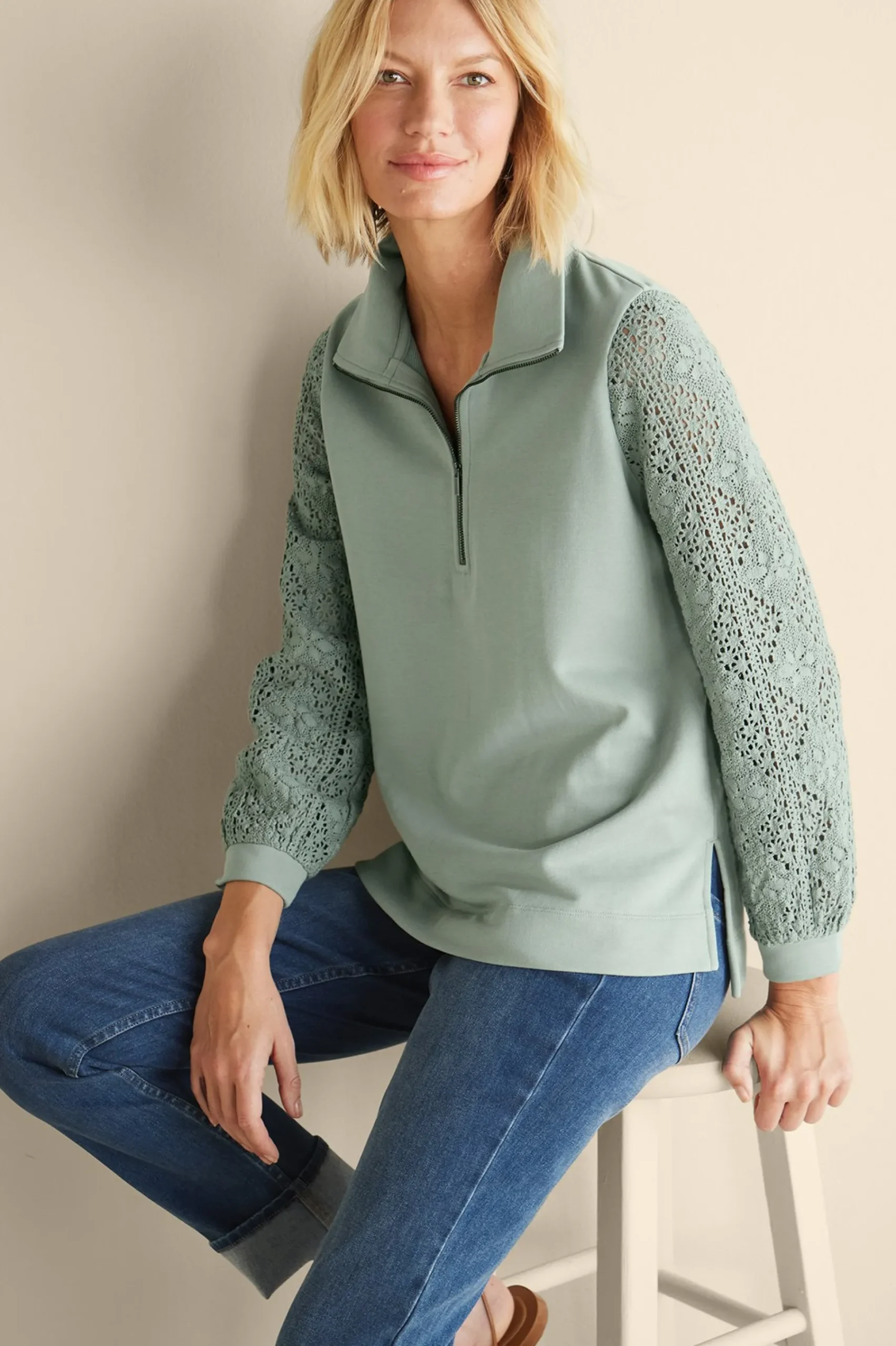 crochet_sleeve_french_ter_5.webp Feminine Flourish | Wear Now Styles-Soft Surroundings Crochet Sleeve French Terry Tunic Navy