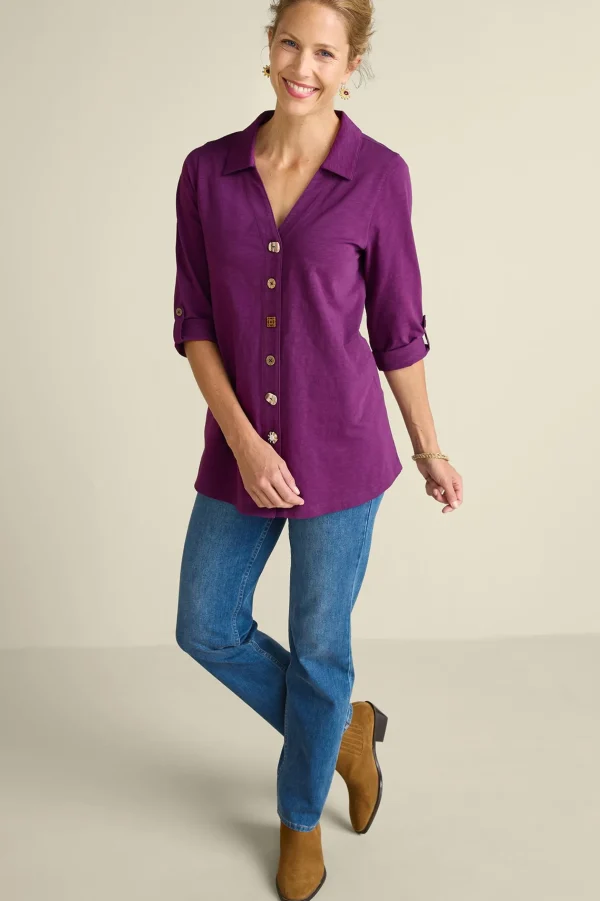 Vacation Shop | three quarter length-Soft Surroundings Danielle 3/4 Sleeve Tunic Rose Violet