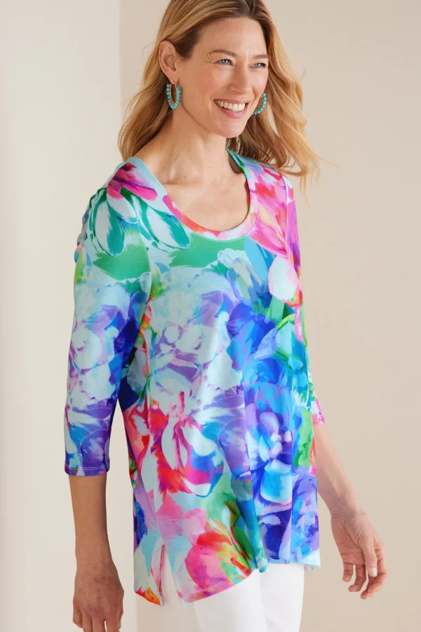 three quarter length | pullovers-Soft Surroundings Darcy Tunic Pink Spring Floral