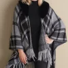 Scarves & Wraps-Soft Surroundings Demetria Plaid Poncho with Fur Collar Black/Dark Grey