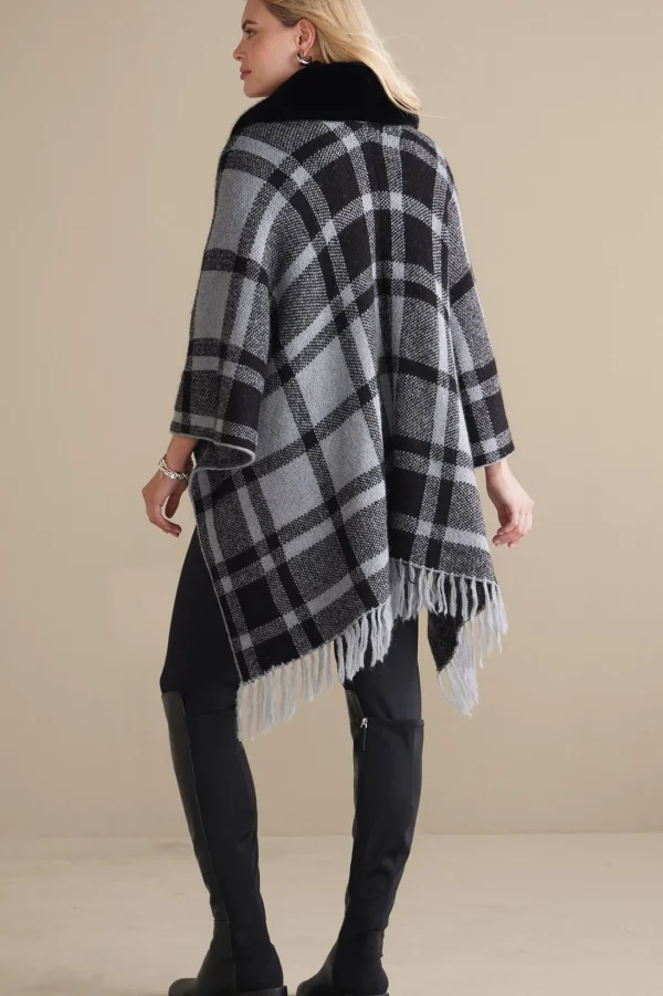 Scarves & Wraps-Soft Surroundings Demetria Plaid Poncho with Fur Collar Black/Dark Grey