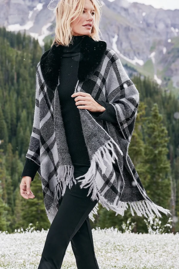 Scarves & Wraps-Soft Surroundings Demetria Plaid Poncho with Fur Collar Black/Dark Grey