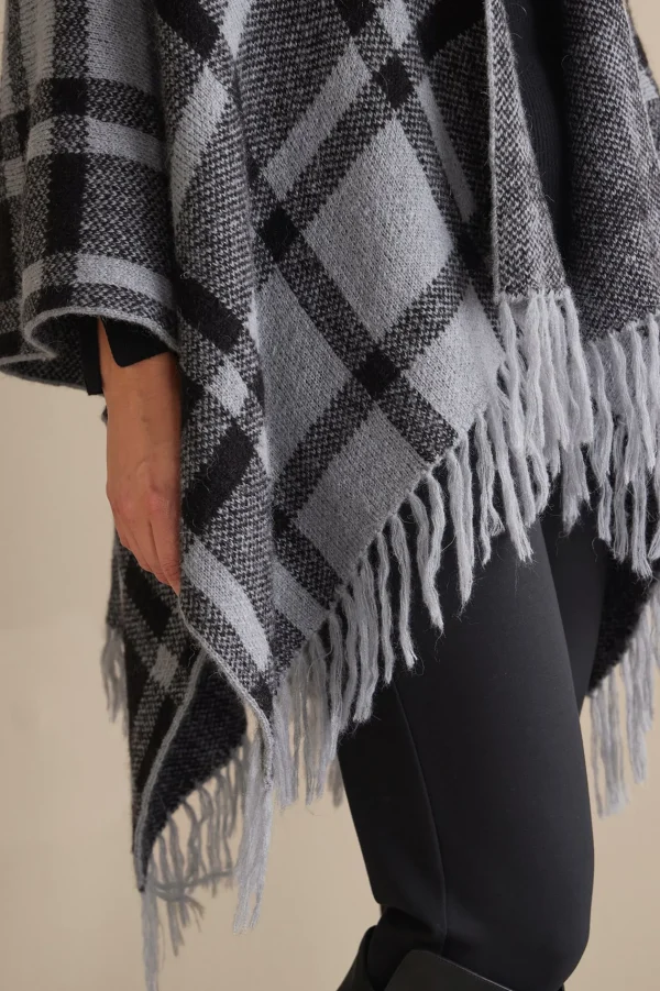 Scarves & Wraps-Soft Surroundings Demetria Plaid Poncho with Fur Collar Black/Dark Grey