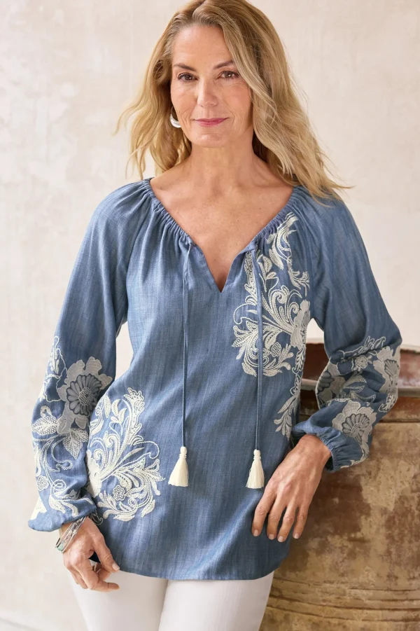 Feminine Flourish | Into The Blues-Soft Surroundings Diya Embroidered TENCEL™ Peasant Top Light Chambray
