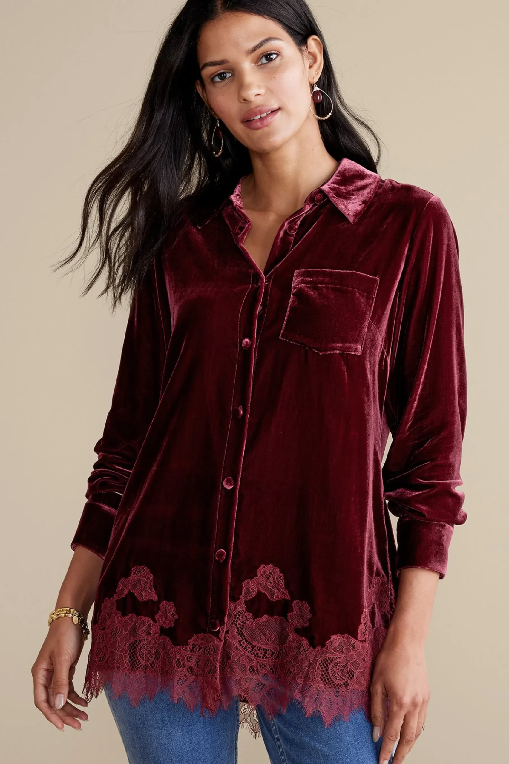 eden_velvet__lace_shirt_0.webp Everyday Styles | EVelvet Styles-Soft Surroundings Eden Velvet & Lace Shirt Cabernet