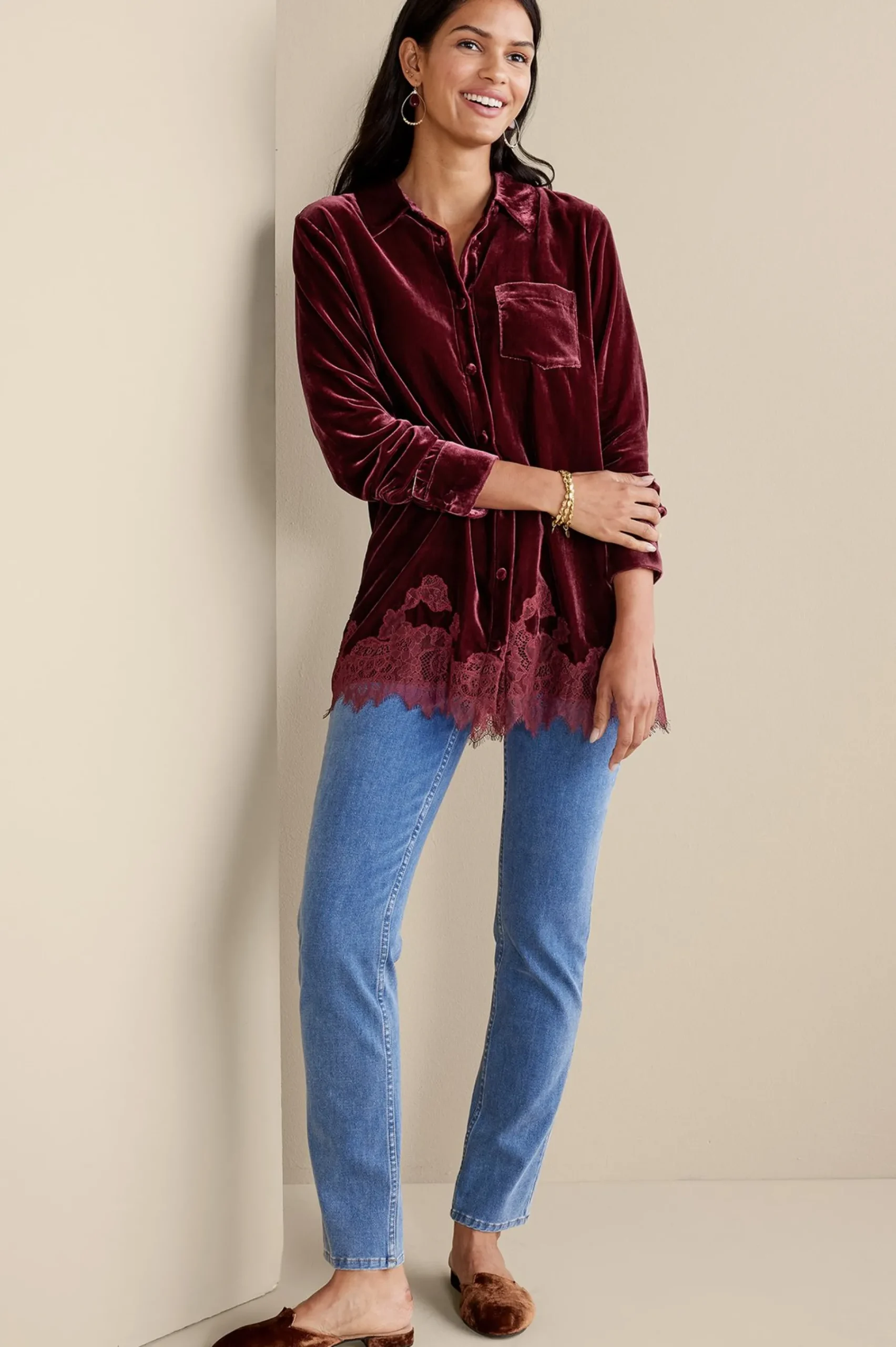 eden_velvet__lace_shirt_1.webp Everyday Styles | EVelvet Styles-Soft Surroundings Eden Velvet & Lace Shirt Cabernet