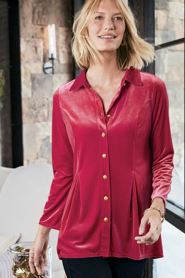 EVelvet Styles | long sleeve-Soft Surroundings Enchanted Velvet Shirt Sangria Red
