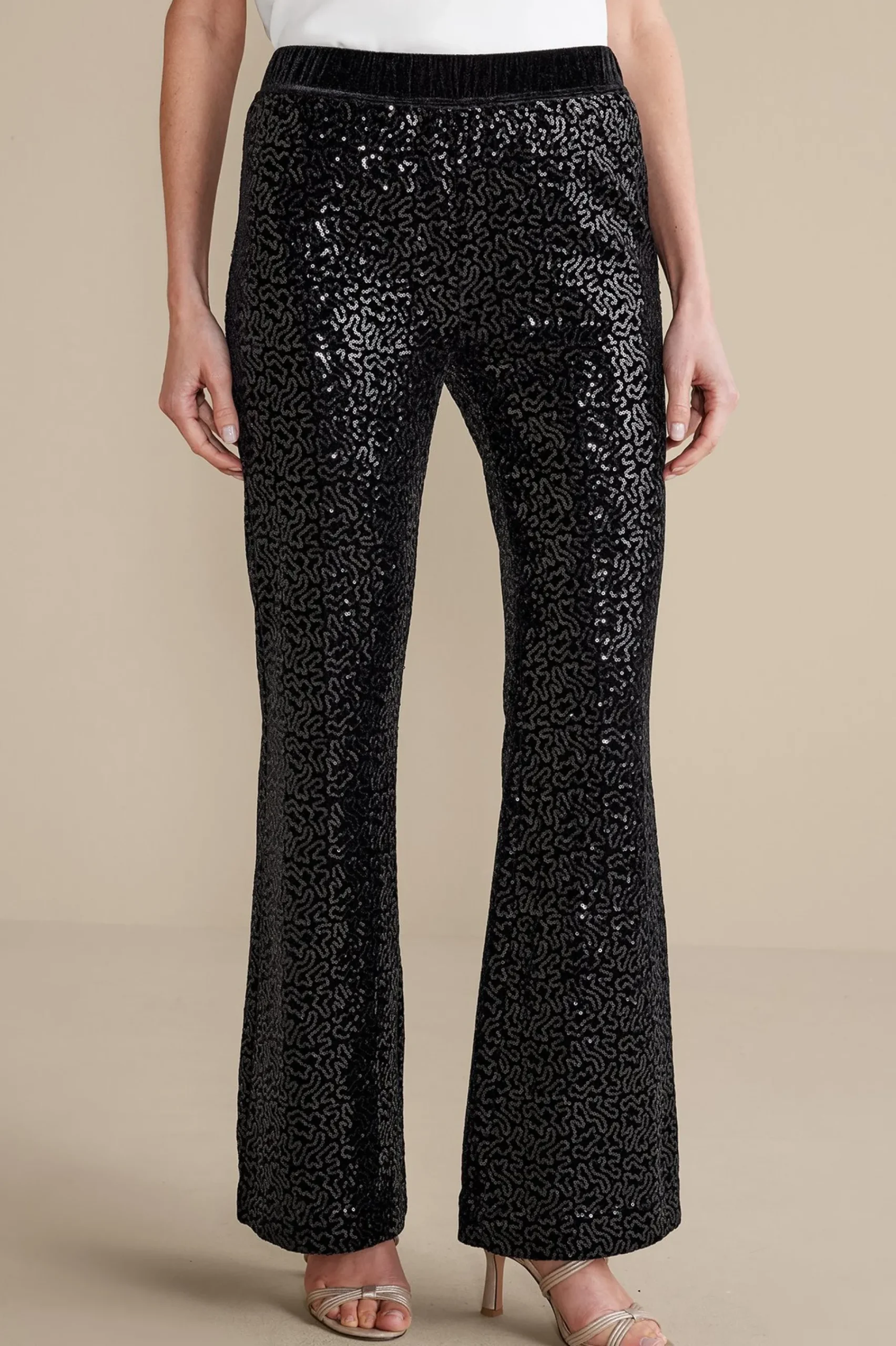 eva_sequin_pants_1.webp full length | bootcut-Soft Surroundings Eva Sequin Pants Black