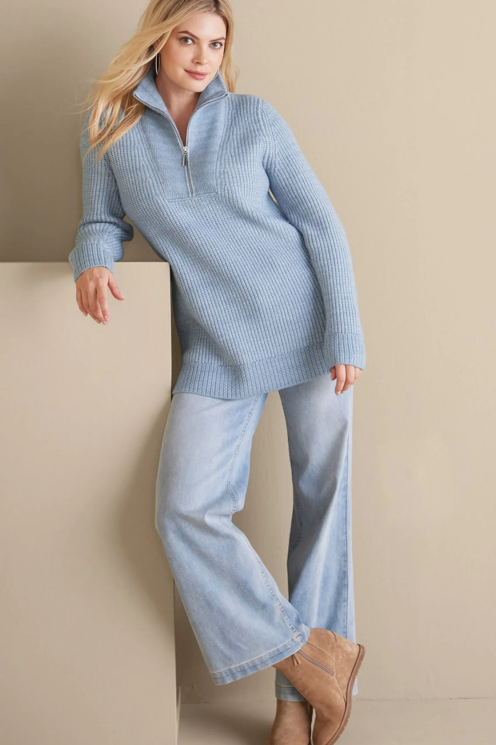 hallie_half_zip_sweater_1.webp Into The Blues | Everyday Styles-Soft Surroundings Hallie Half Zip Sweater Faded Denim