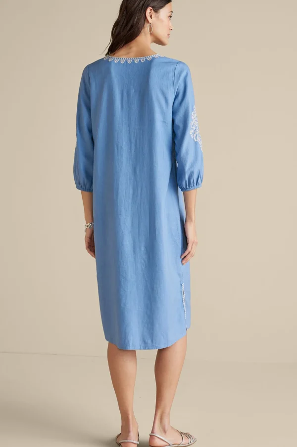 Feminine Flourish | Into The Blues-Soft Surroundings Hasana Linen Blend Midi Dress Riverside Blue