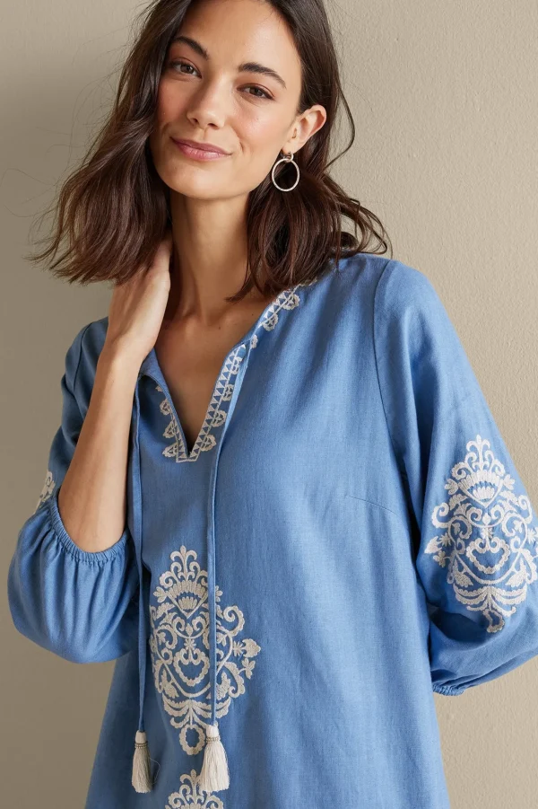 Feminine Flourish | Into The Blues-Soft Surroundings Hasana Linen Blend Midi Dress Riverside Blue