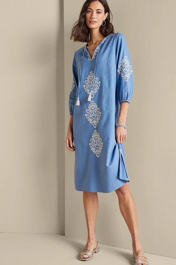 Feminine Flourish | Into The Blues-Soft Surroundings Hasana Linen Blend Midi Dress Riverside Blue