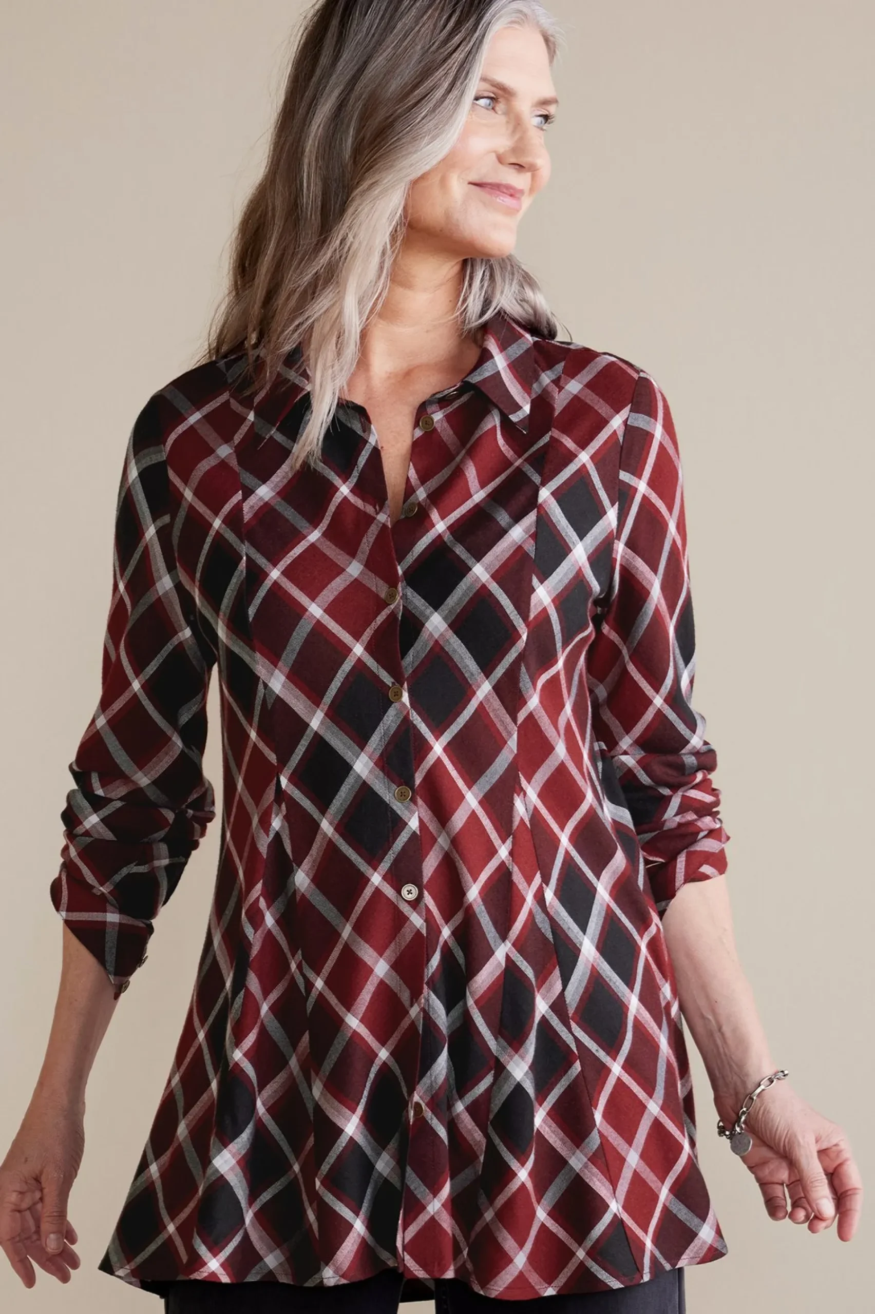 joelle_plaid_tunic_0.webp Everyday Styles | long sleeve-Soft Surroundings Joelle Plaid Tunic Cabernet Plaid