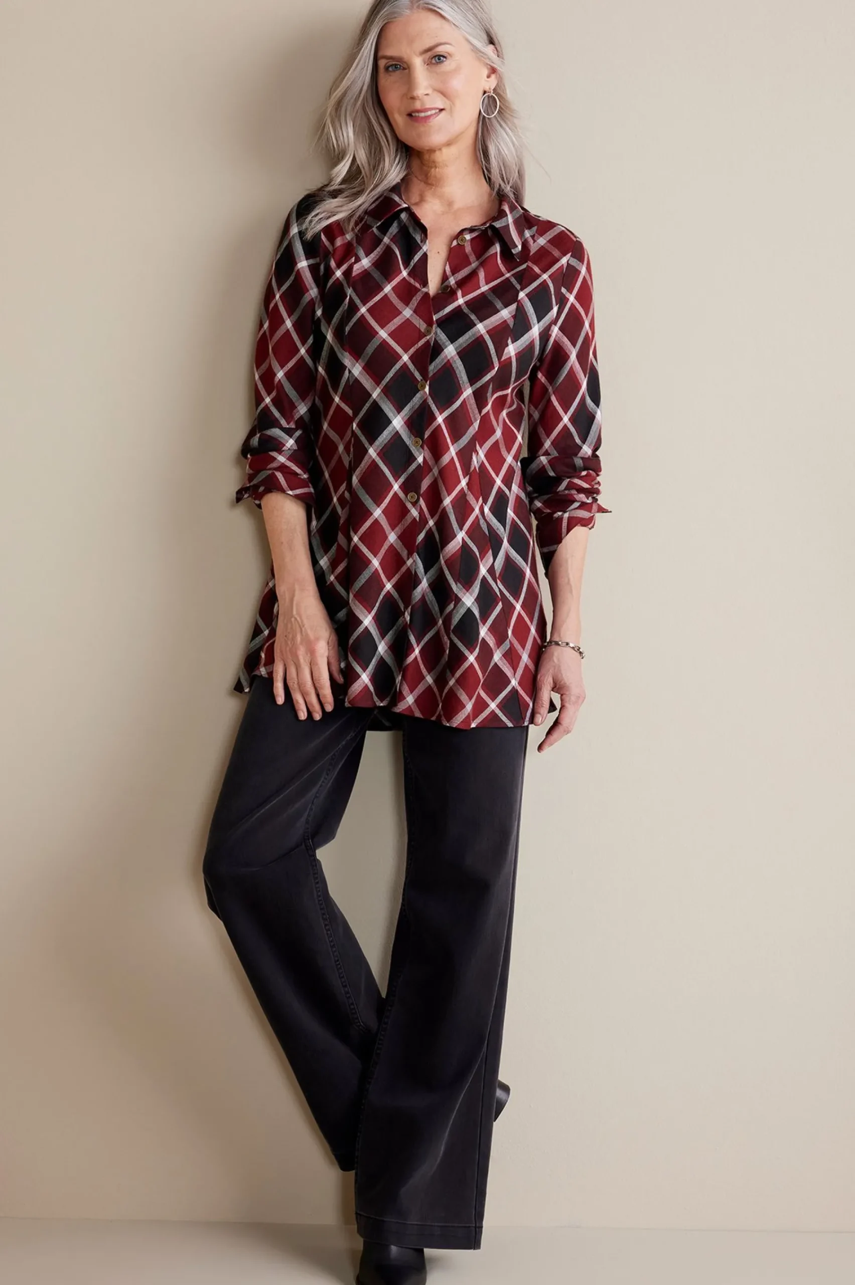 joelle_plaid_tunic_1.webp Everyday Styles | long sleeve-Soft Surroundings Joelle Plaid Tunic Cabernet Plaid