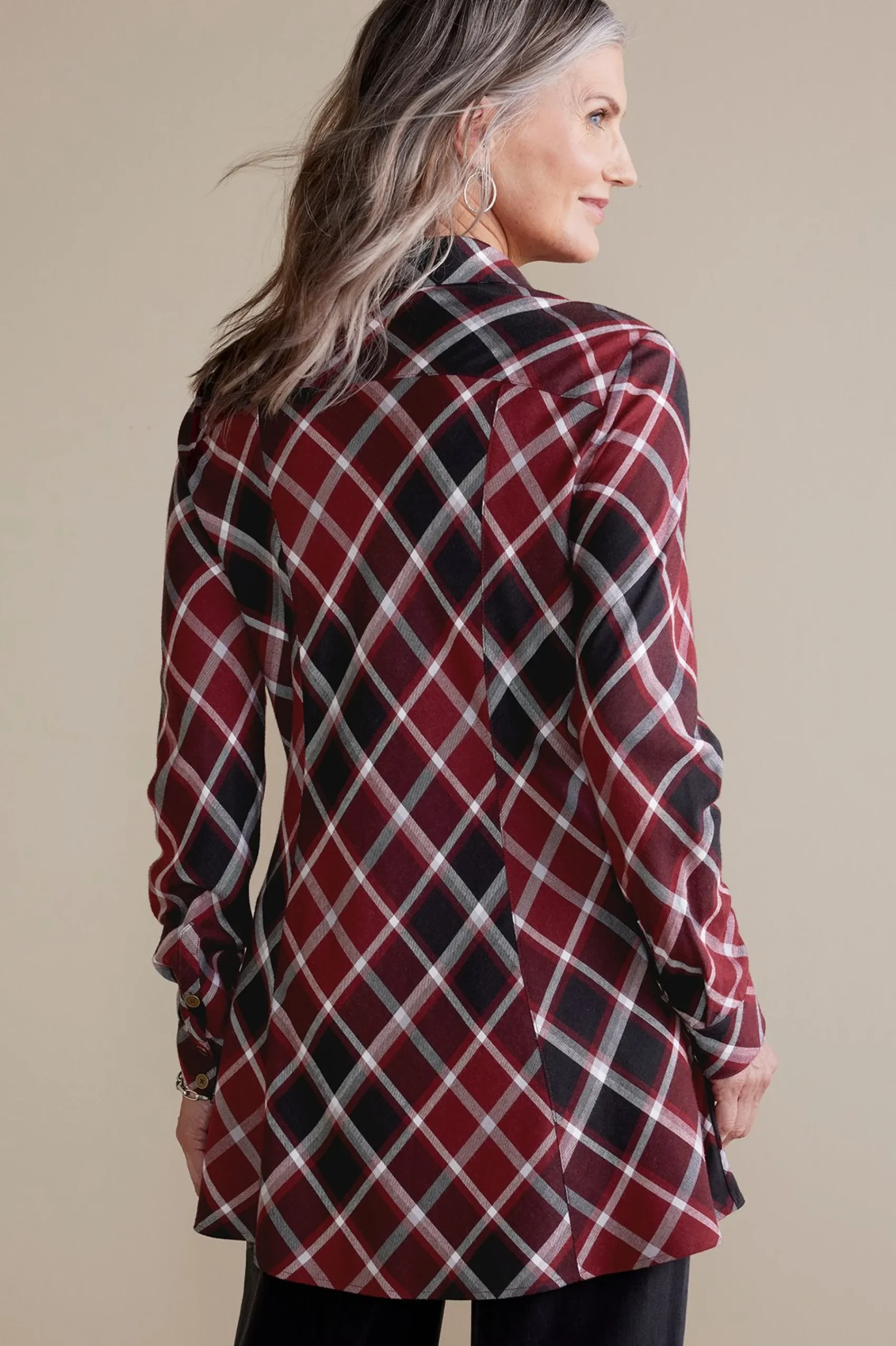 joelle_plaid_tunic_2.webp Everyday Styles | long sleeve-Soft Surroundings Joelle Plaid Tunic Cabernet Plaid
