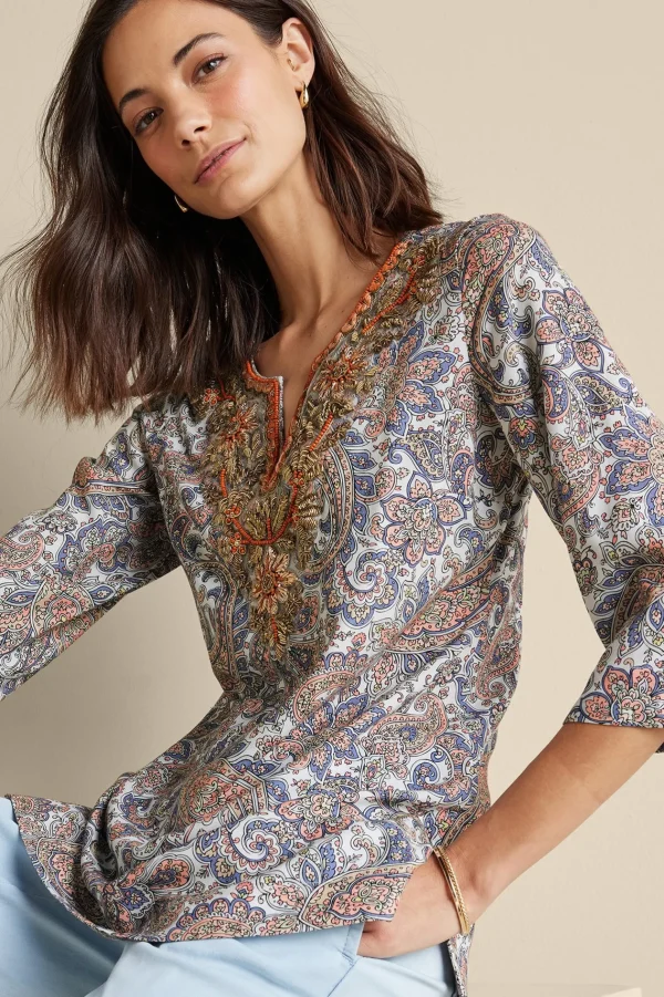 Global Artistry | long sleeve-Soft Surroundings Kaimana Embellished Tunic Spring Paisley