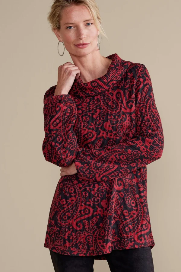 Everyday Styles | long sleeve-Soft Surroundings Kendra Waffle Top Red/Black Paisley