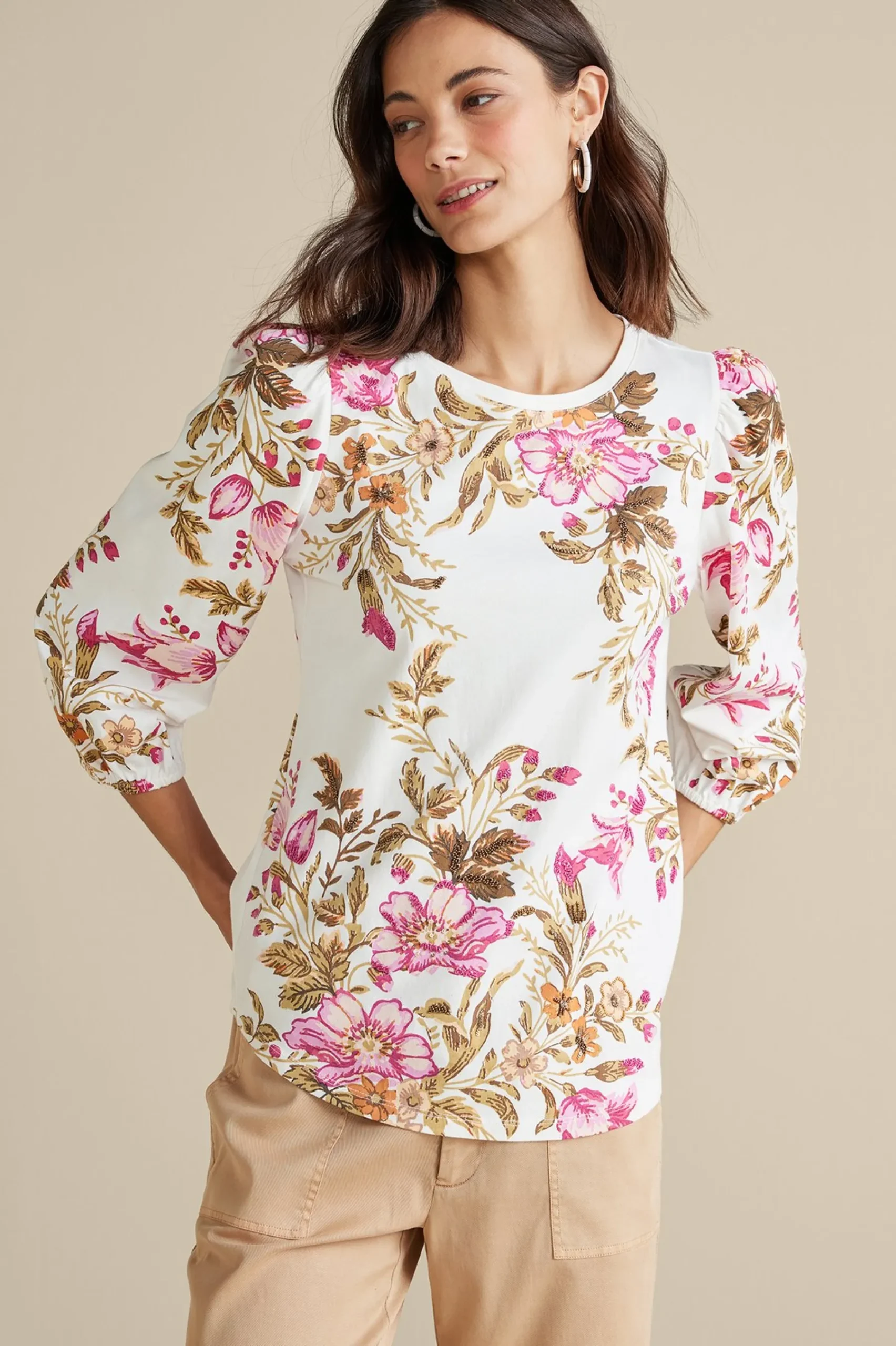 lesley_printed_top_0.webp Feminine Flourish | three quarter length-Soft Surroundings Lesley Printed Top Painterly Peony Flowers