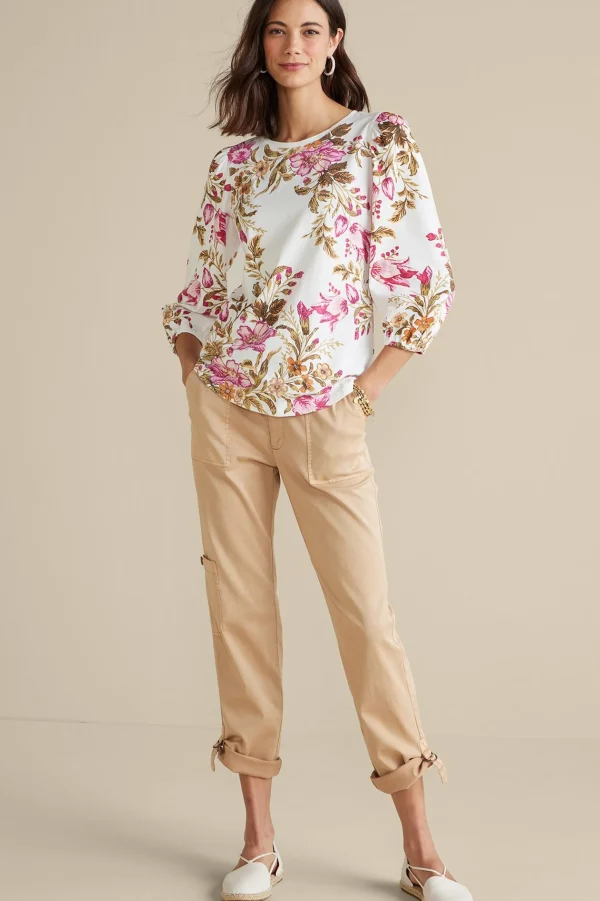 Feminine Flourish | three quarter length-Soft Surroundings Lesley Printed Top Painterly Peony Flowers