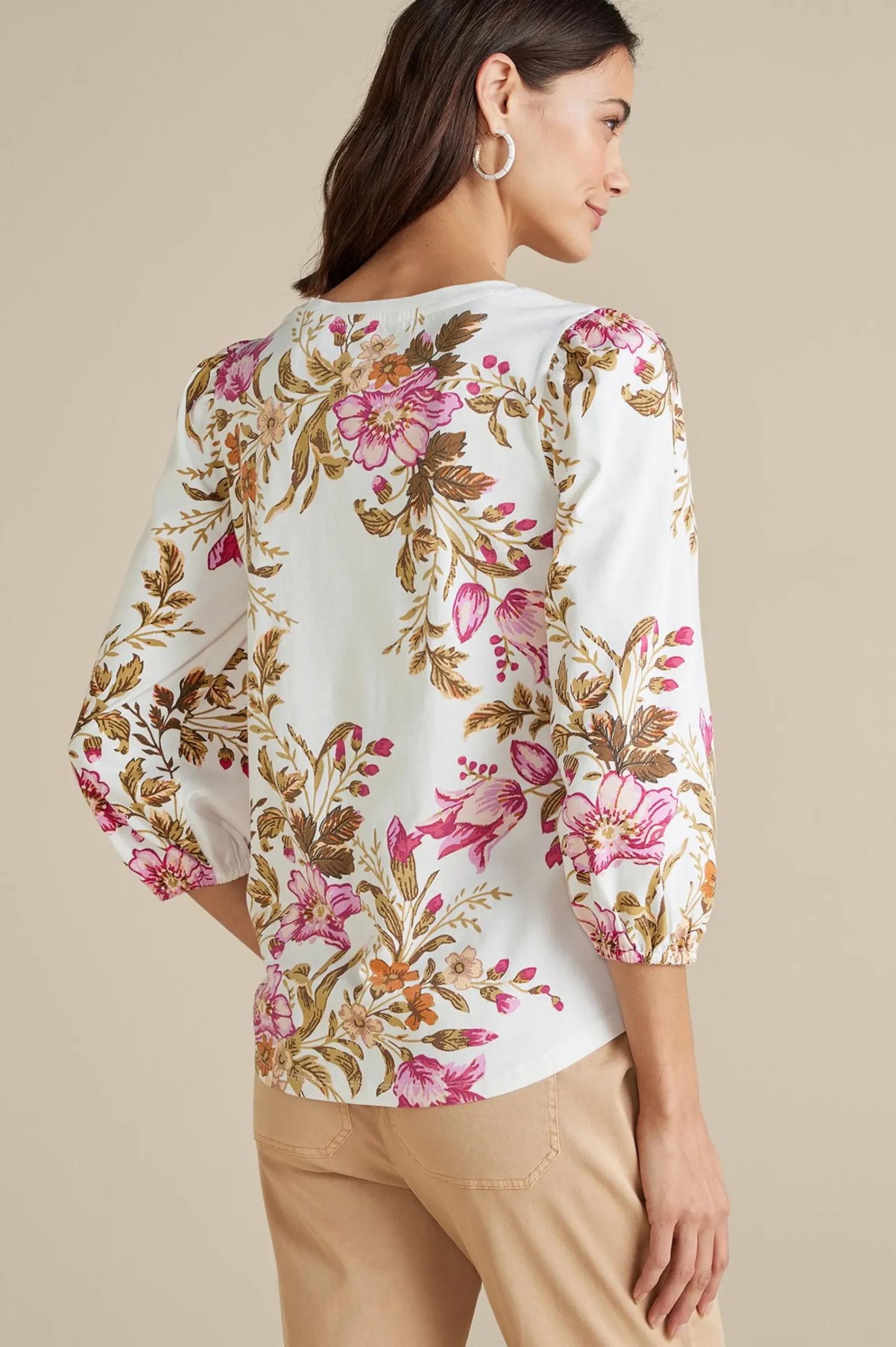 lesley_printed_top_2.webp Feminine Flourish | three quarter length-Soft Surroundings Lesley Printed Top Painterly Peony Flowers