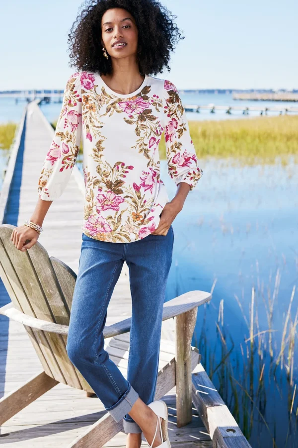 Feminine Flourish | three quarter length-Soft Surroundings Lesley Printed Top Painterly Peony Flowers