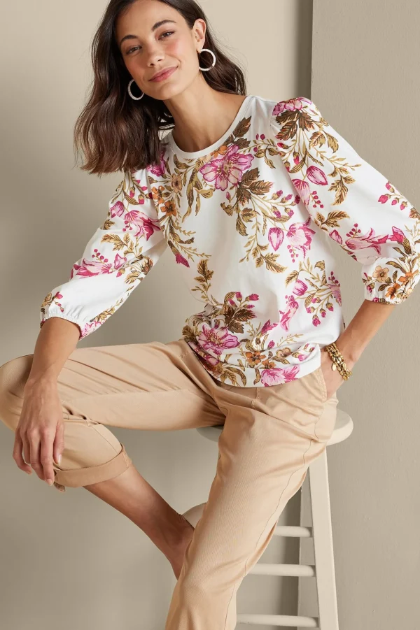 Feminine Flourish | three quarter length-Soft Surroundings Lesley Printed Top Painterly Peony Flowers