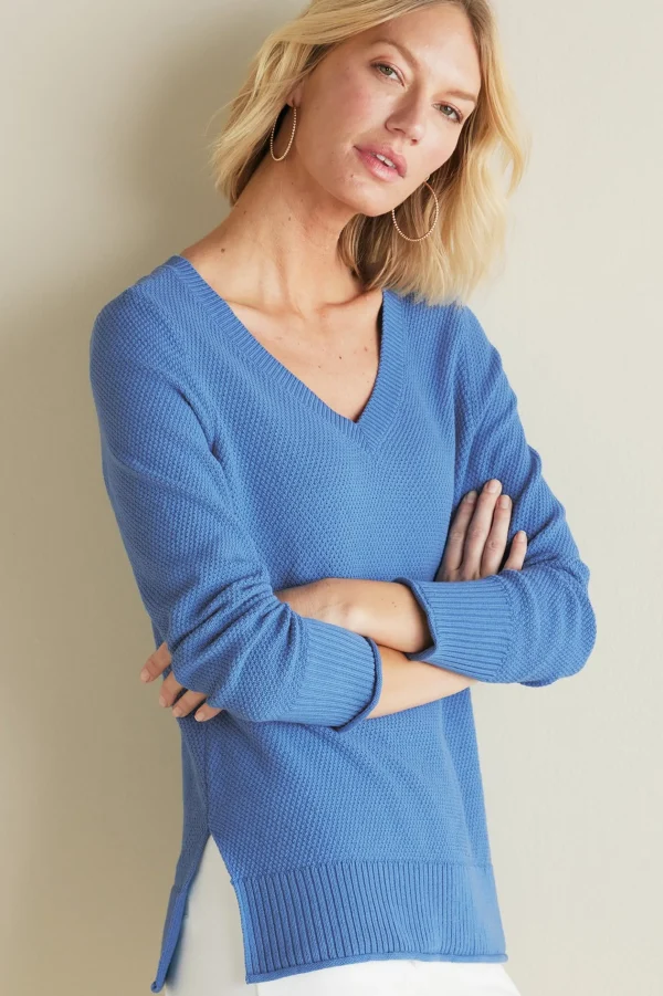Into The Blues | Sweaters & Cardigans-Soft Surroundings Marin Back Button Sweater Riverside Blue