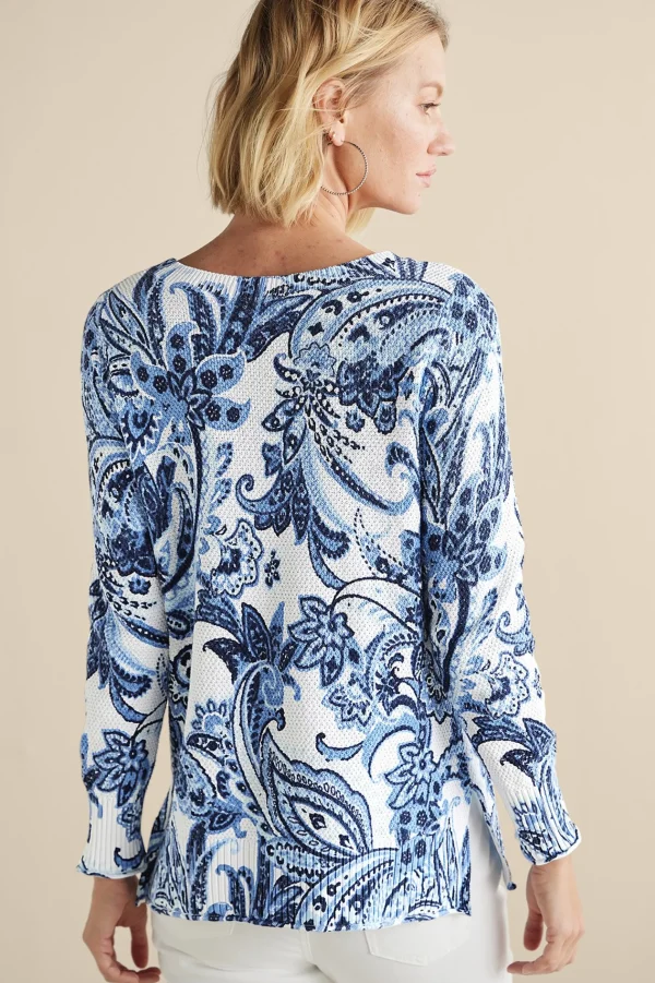 Feminine Flourish | Into The Blues-Soft Surroundings Marin Sweater Navy Blue Floral Paisley