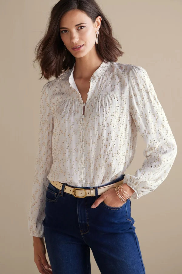 Feminine Flourish | Everyday Styles-Soft Surroundings Mila Metallic Blouse Ivory Pearl