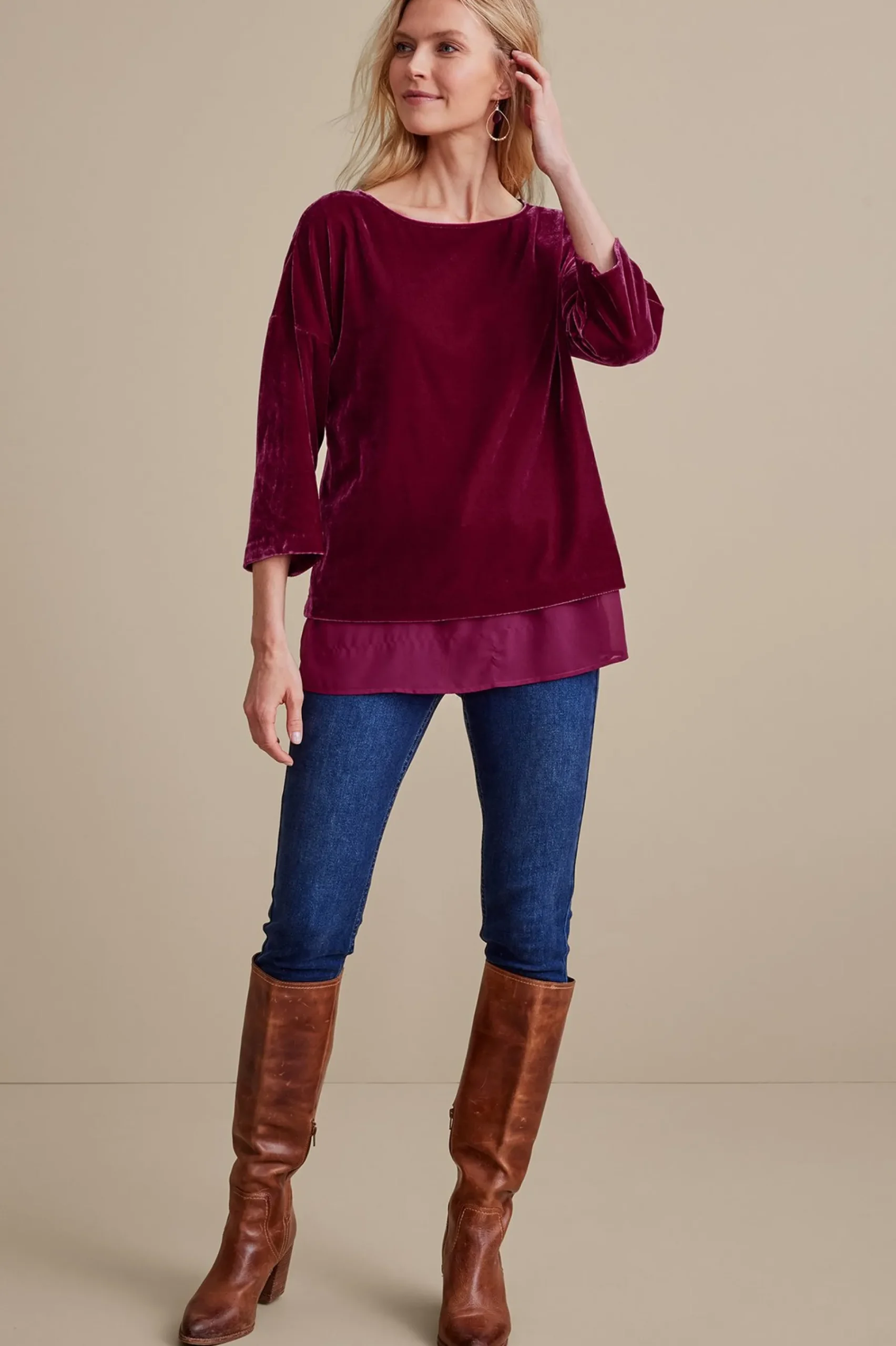 millie_velvet_tunic_1.webp EVelvet Styles | three quarter length-Soft Surroundings Millie Velvet Tunic Dark Fuchsia