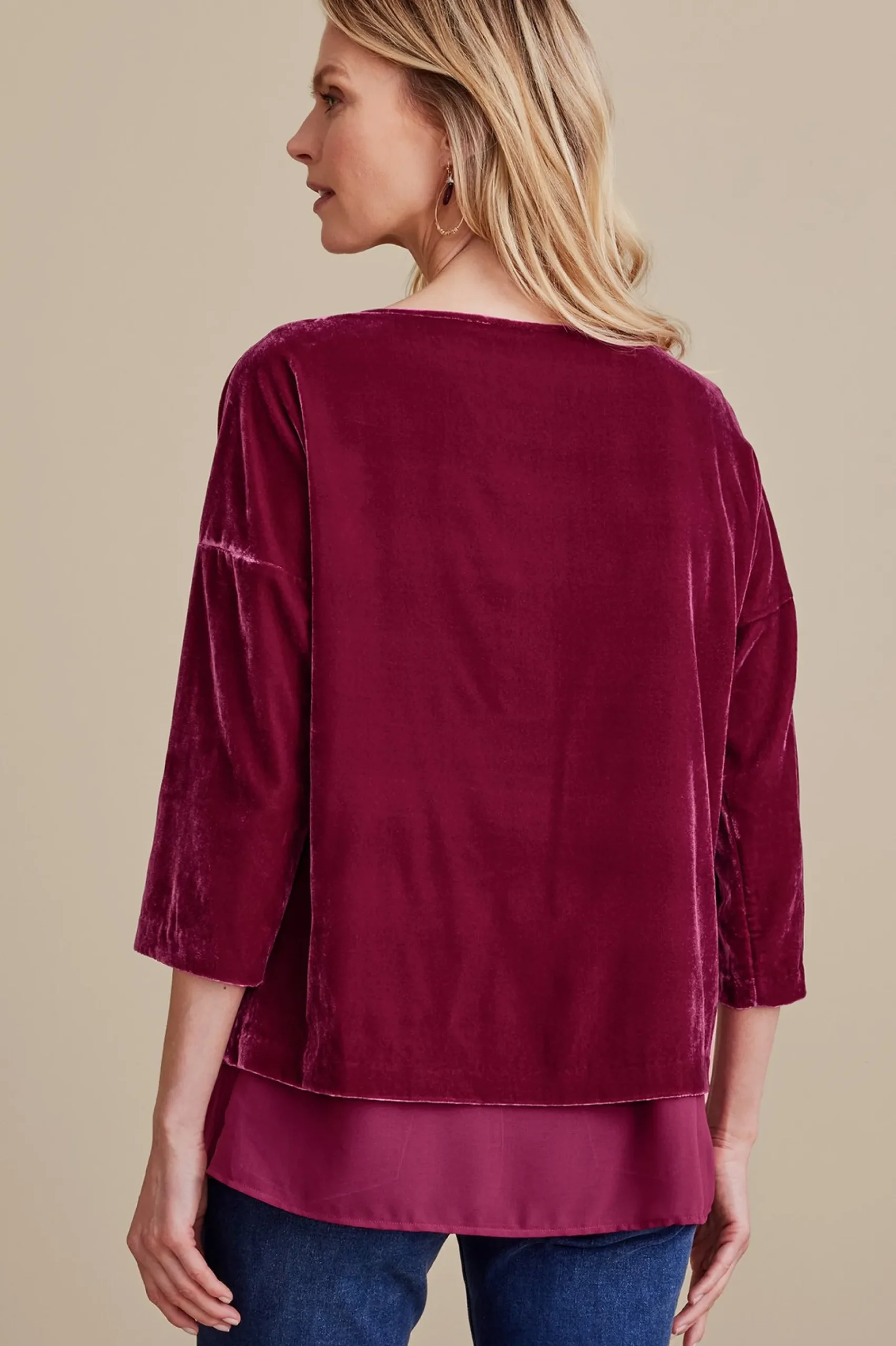 millie_velvet_tunic_2.webp EVelvet Styles | three quarter length-Soft Surroundings Millie Velvet Tunic Dark Fuchsia