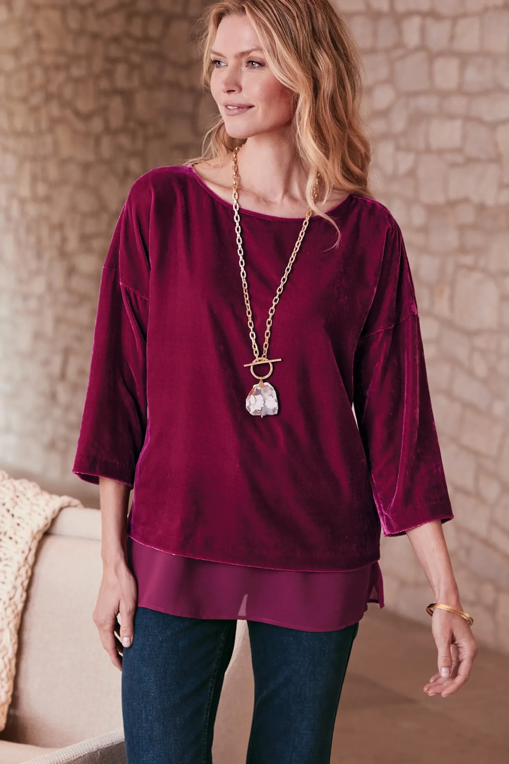 millie_velvet_tunic_3.webp EVelvet Styles | three quarter length-Soft Surroundings Millie Velvet Tunic Dark Fuchsia