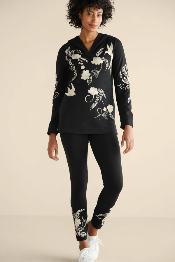 Wear Now Styles | long sleeve-Soft Surroundings Miraflores Embroidered French Terry Hoodie Black