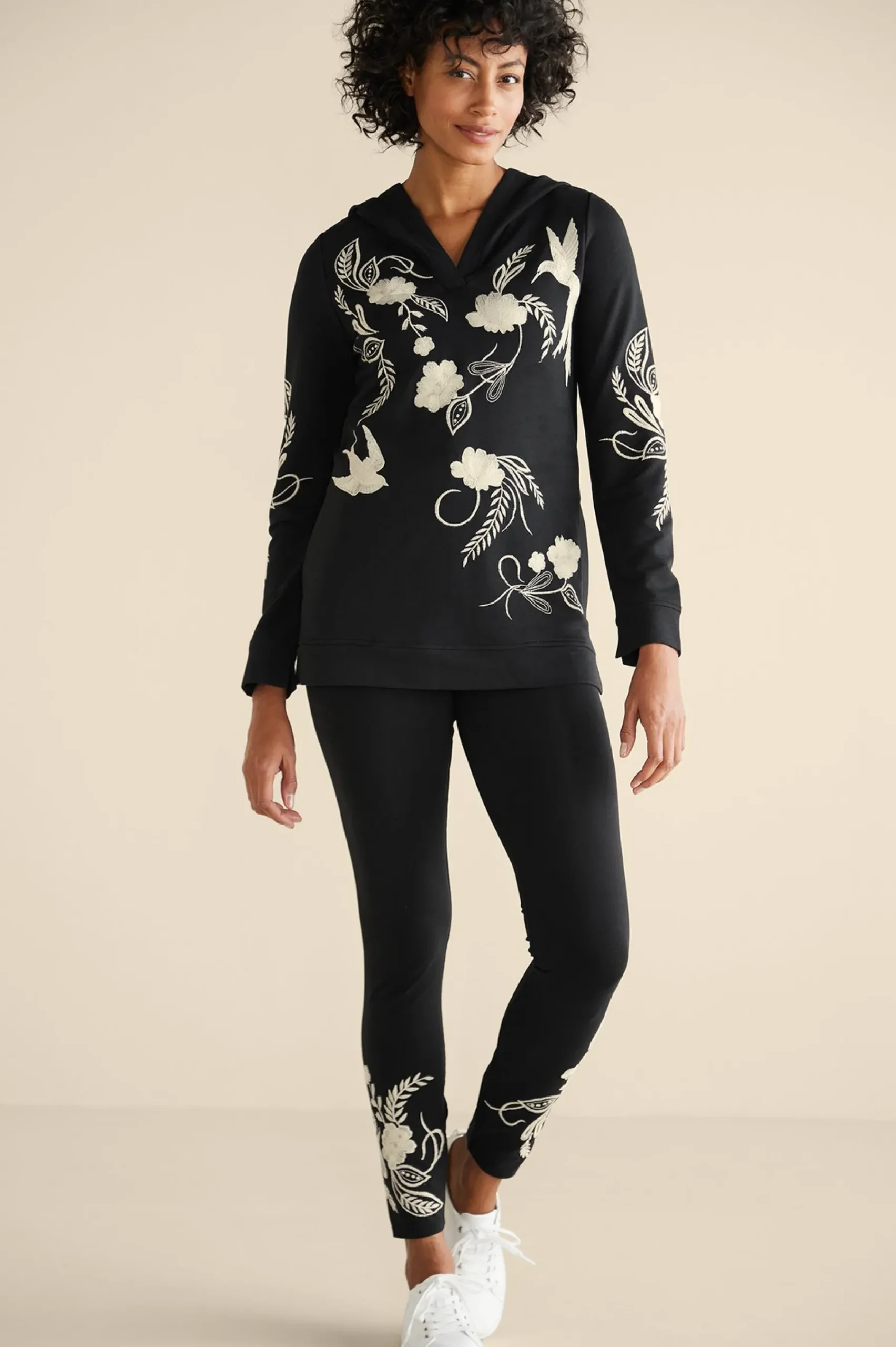miraflores_embroidered_fr_1.webp Wear Now Styles | long sleeve-Soft Surroundings Miraflores Embroidered French Terry Hoodie Black