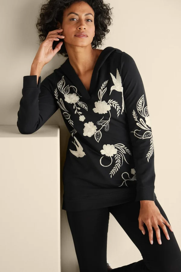 Wear Now Styles | long sleeve-Soft Surroundings Miraflores Embroidered French Terry Hoodie Black