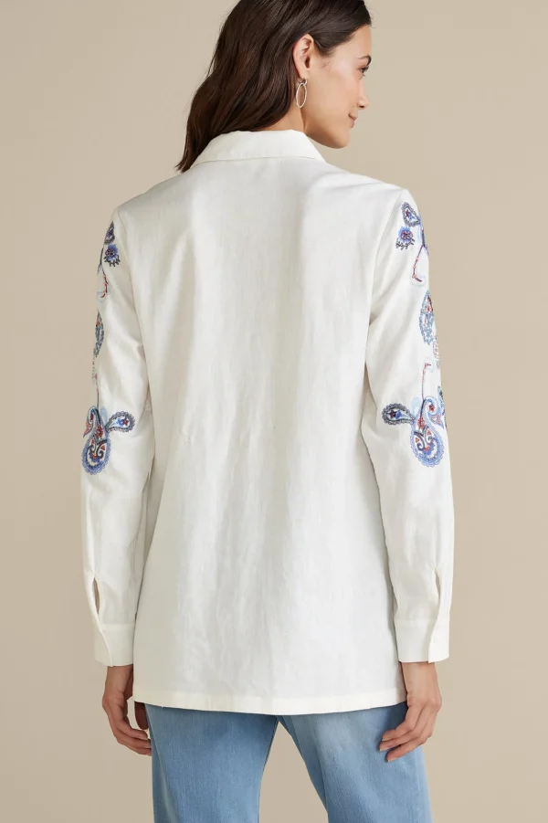 Feminine Flourish | Into The Blues-Soft Surroundings Nadia Linen Blend Shirt Grey/Blue Bandana Paisley