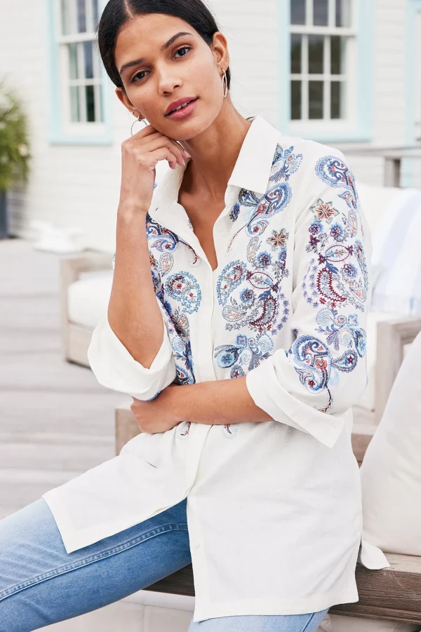 Feminine Flourish | Into The Blues-Soft Surroundings Nadia Linen Blend Shirt Grey/Blue Bandana Paisley