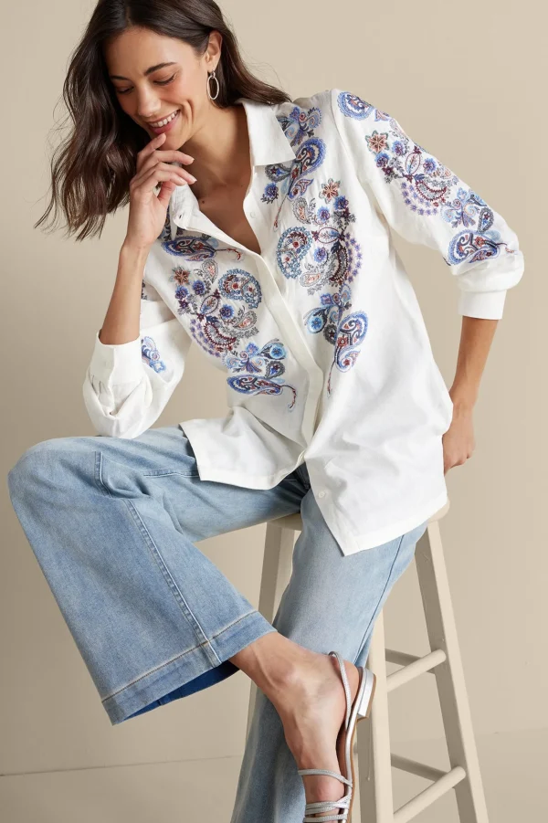 Feminine Flourish | Into The Blues-Soft Surroundings Nadia Linen Blend Shirt Grey/Blue Bandana Paisley