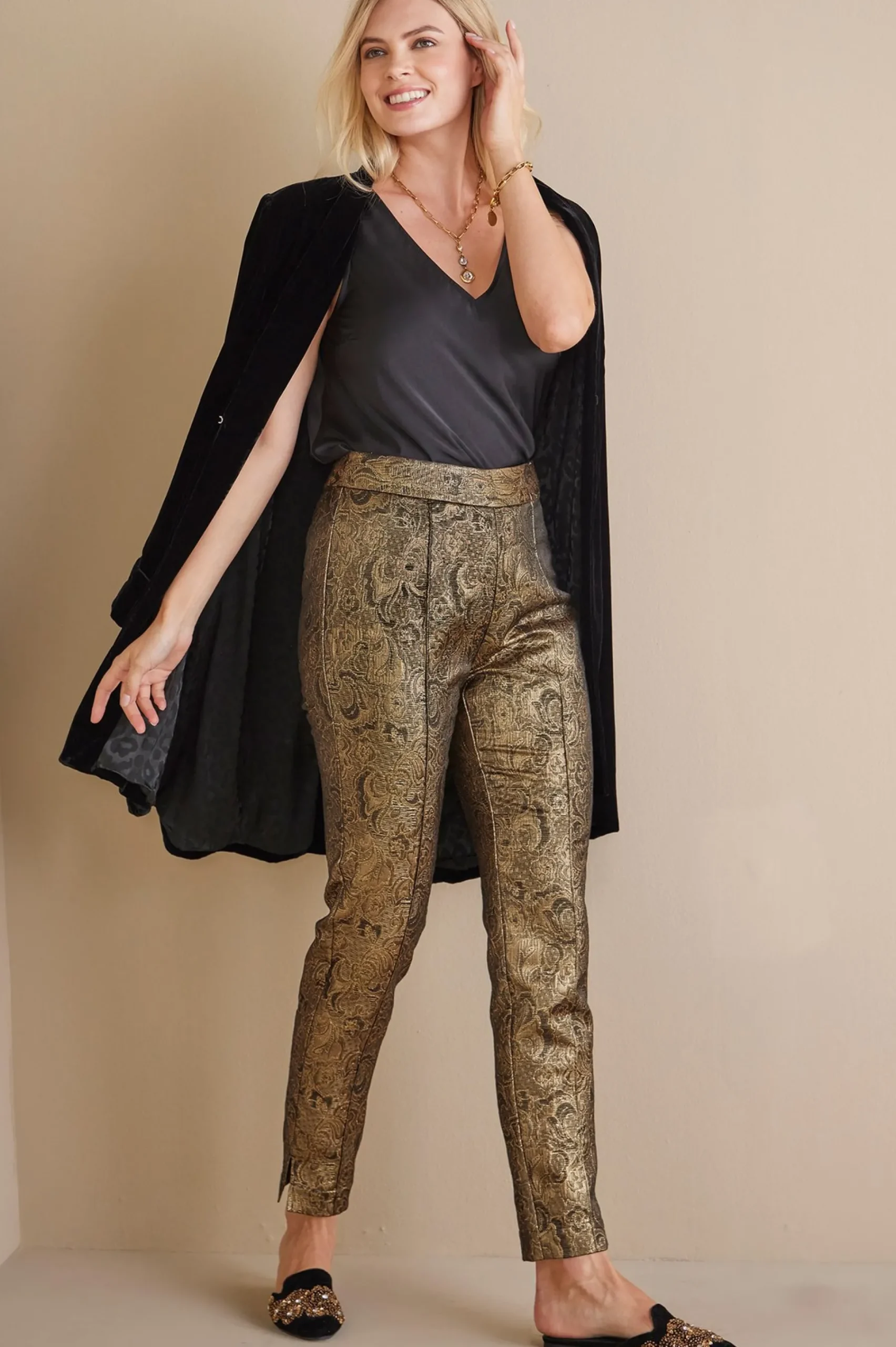 nevina_jacquard_trouser_0.webp ankle | straight-Soft Surroundings Nevina Jacquard Trouser Gold Floral
