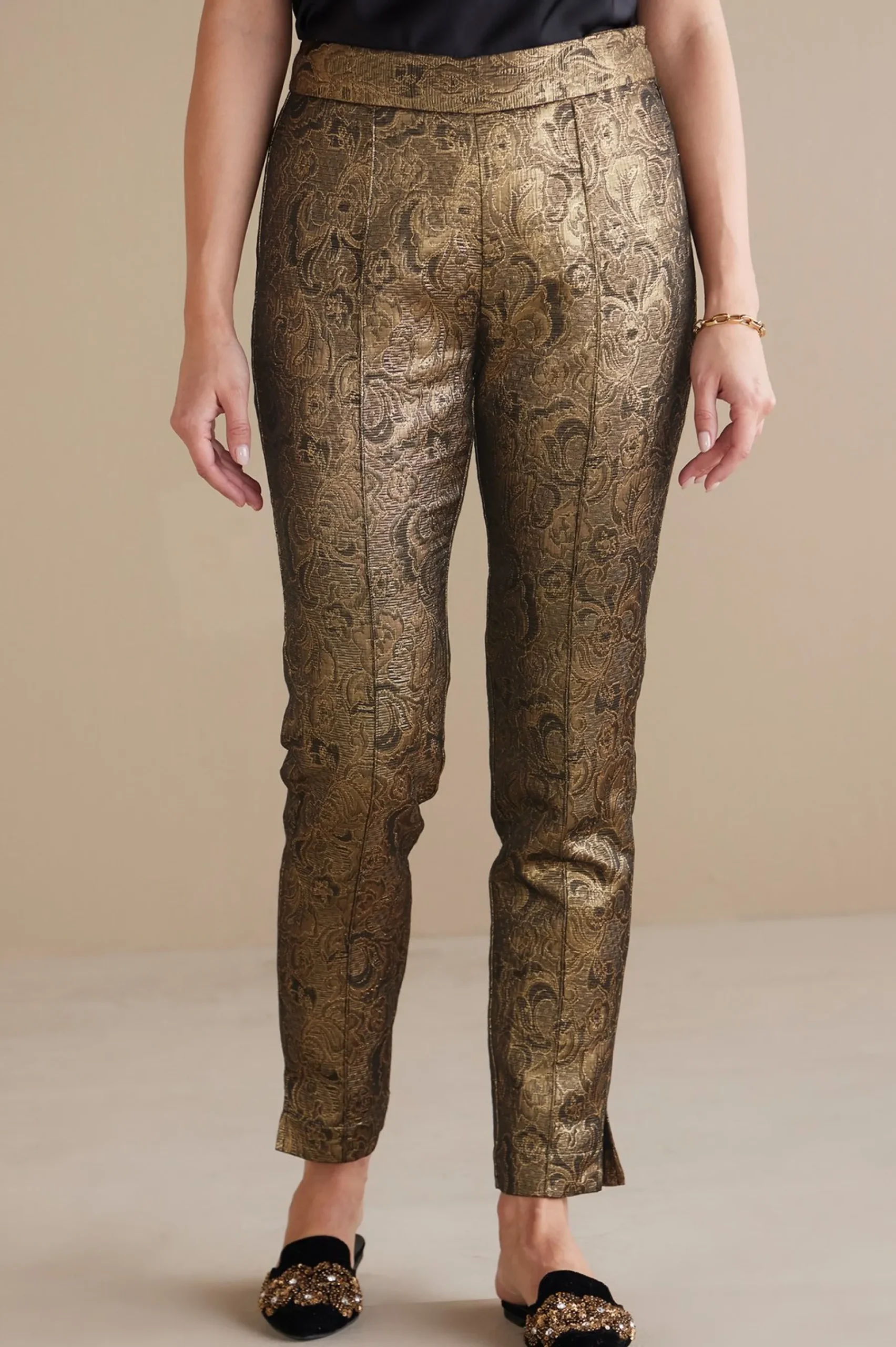 nevina_jacquard_trouser_1.webp ankle | straight-Soft Surroundings Nevina Jacquard Trouser Gold Floral