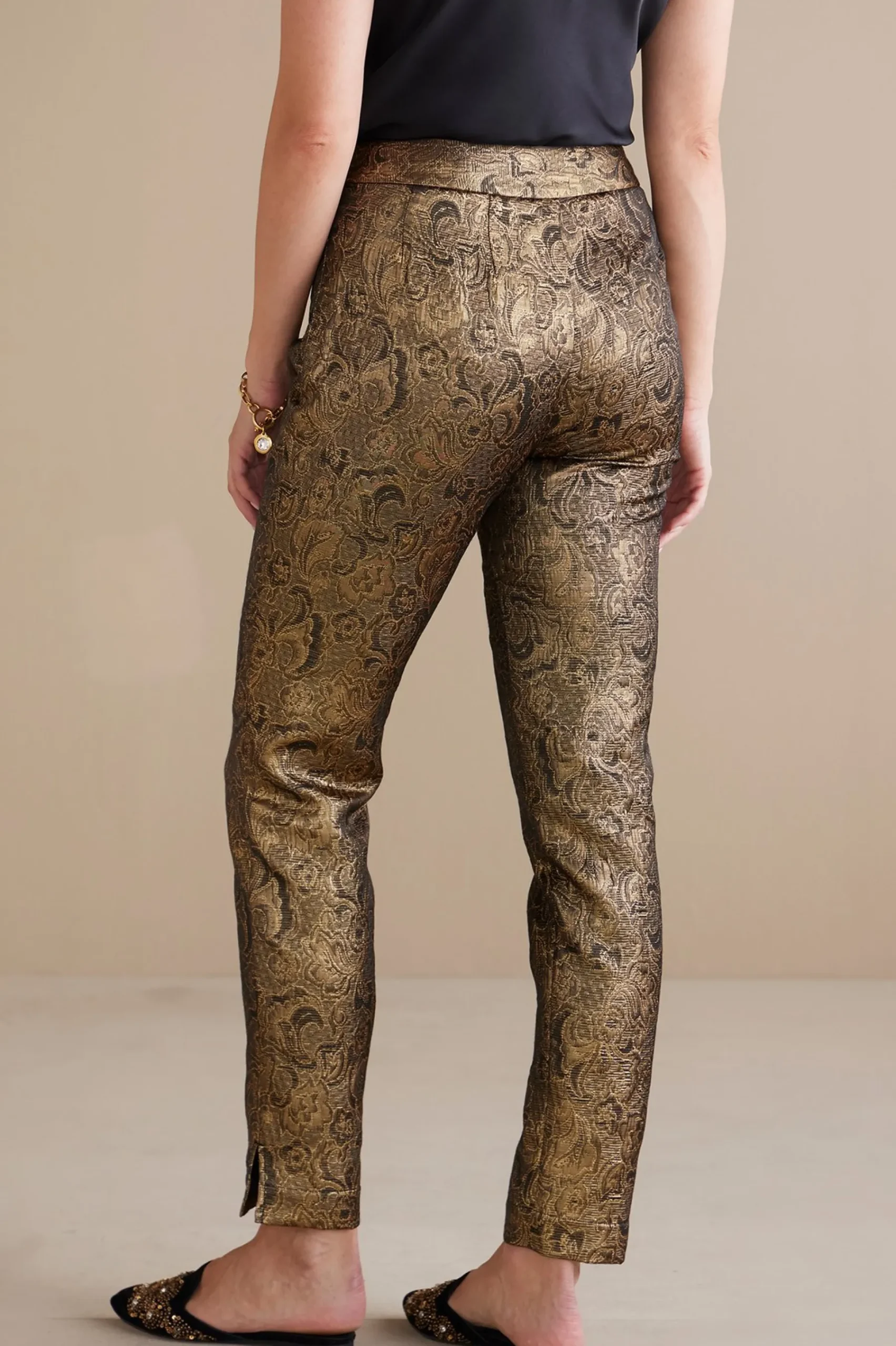 nevina_jacquard_trouser_2.webp ankle | straight-Soft Surroundings Nevina Jacquard Trouser Gold Floral