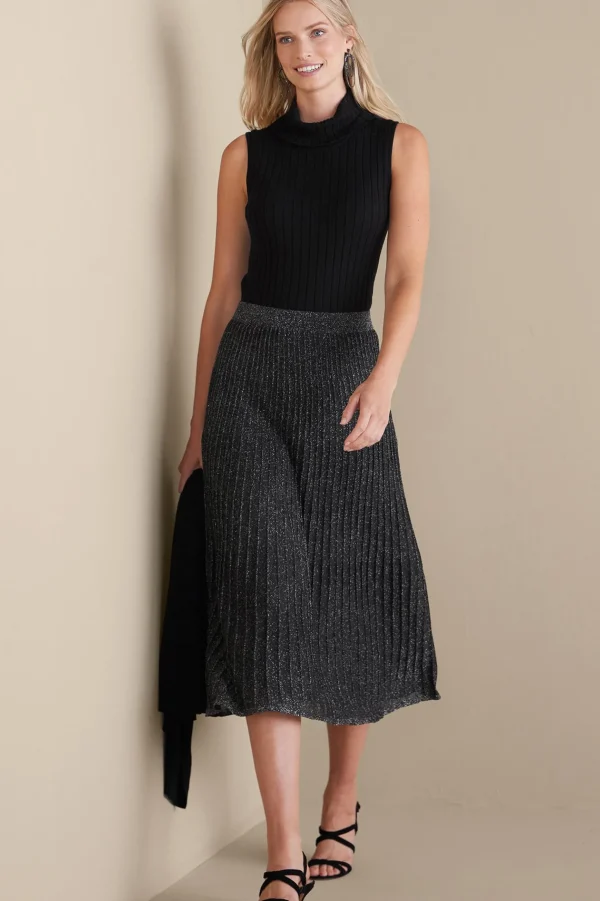 Skirts-Soft Surroundings Nisha Knit Pleated Skirt Black/Silver