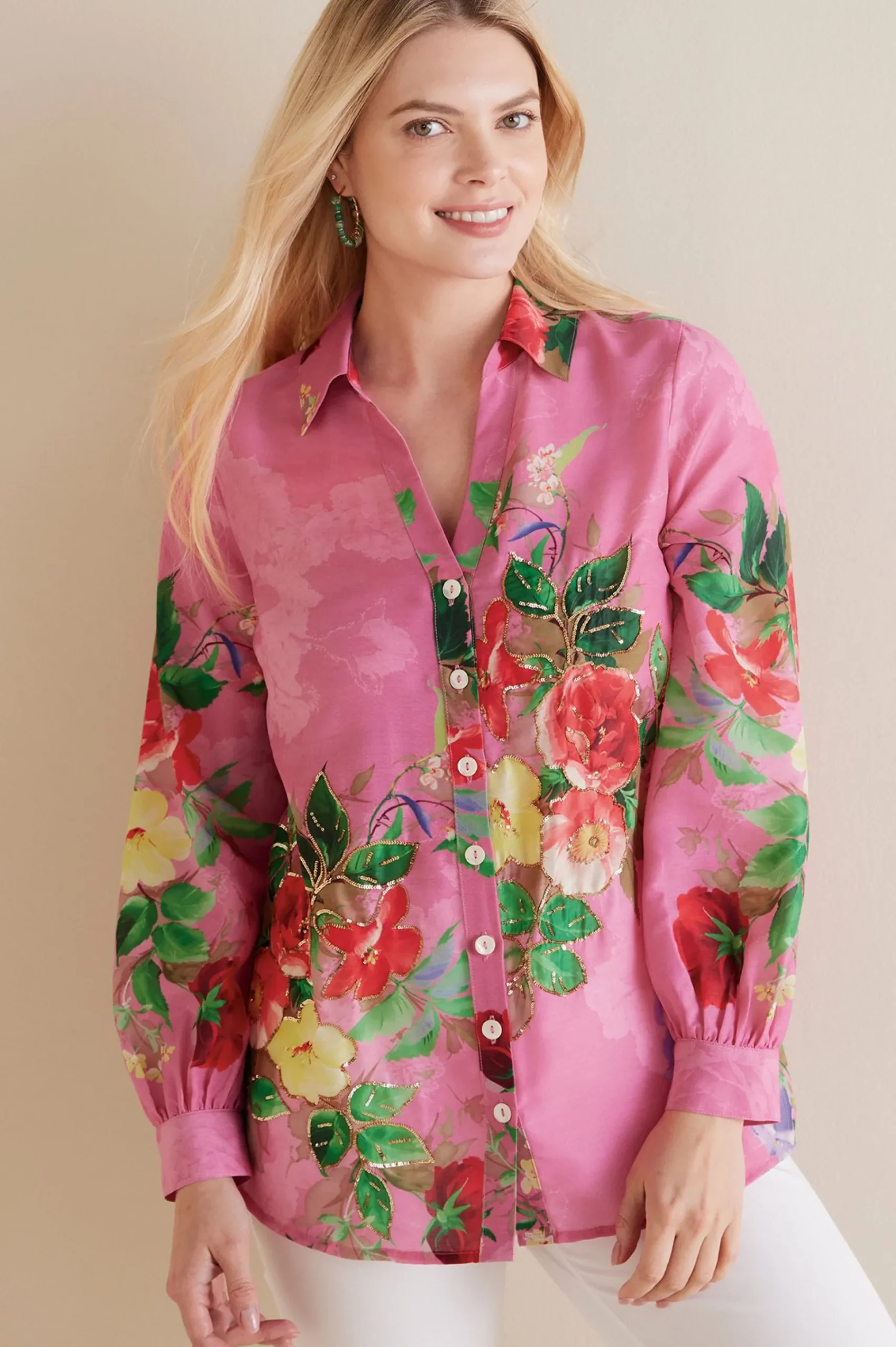 petites_danica_embellishe_0.webp The Floral Shop-Soft Surroundings Petites Danica Embellished Shirt Red/Pink Floral