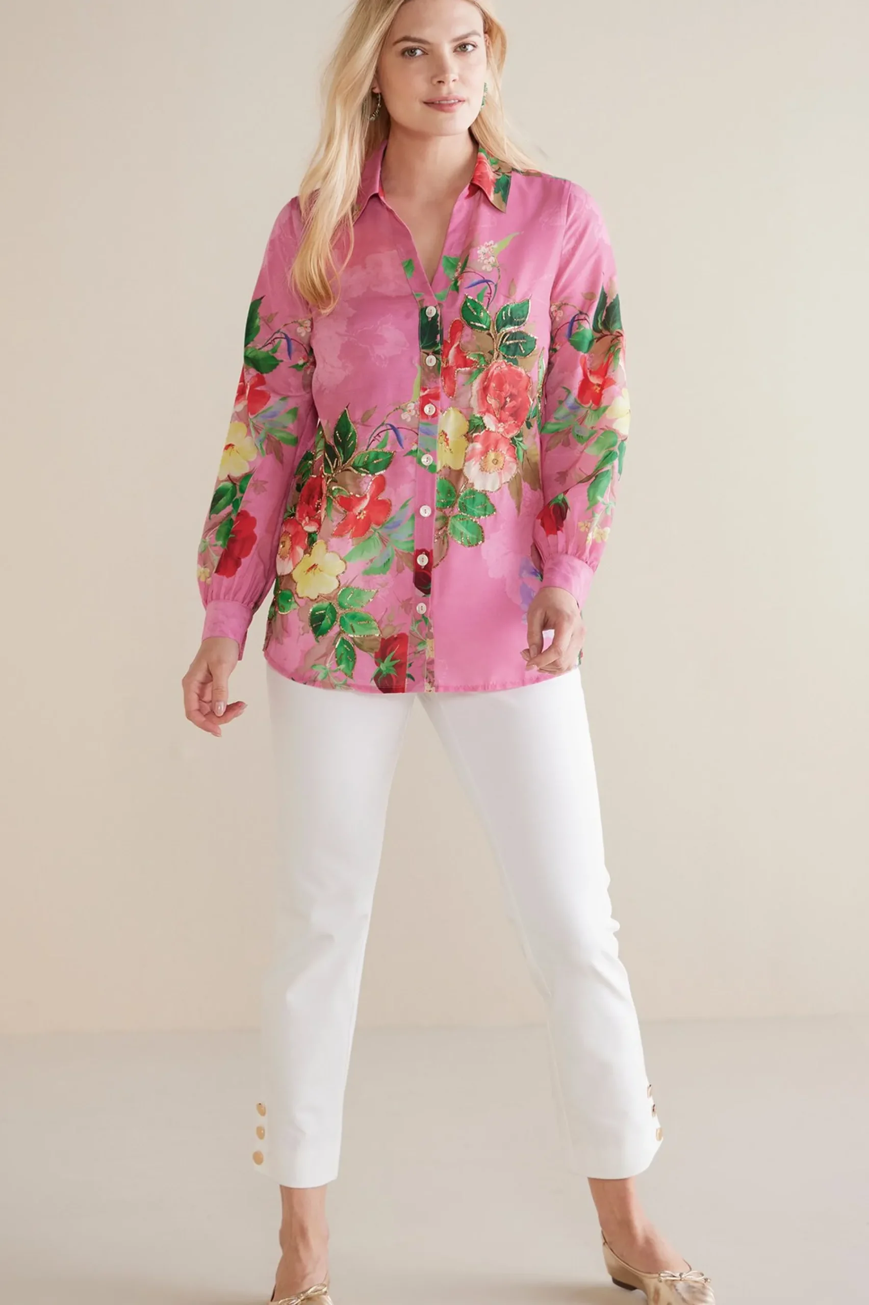 petites_danica_embellishe_1.webp The Floral Shop-Soft Surroundings Petites Danica Embellished Shirt Red/Pink Floral